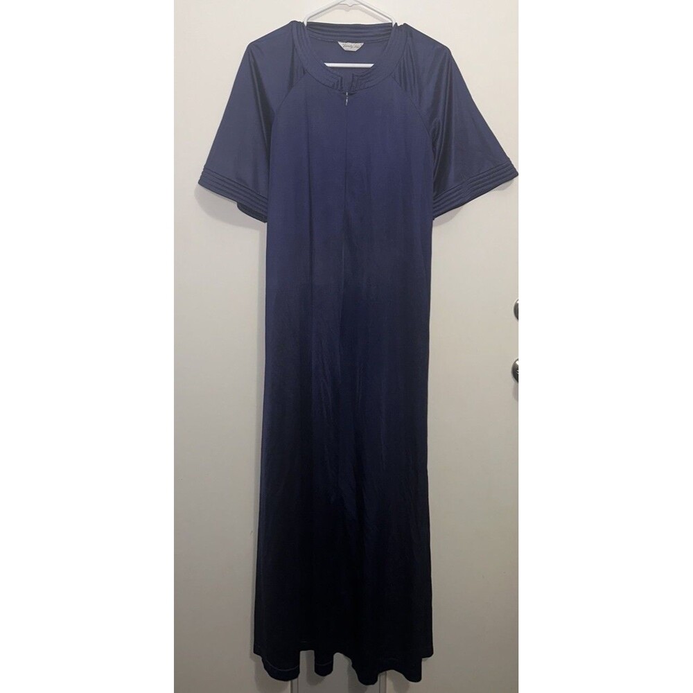 Vintage Vanity Fair Navy Blue Zip Nightgown House Coat Robe Duster Size S